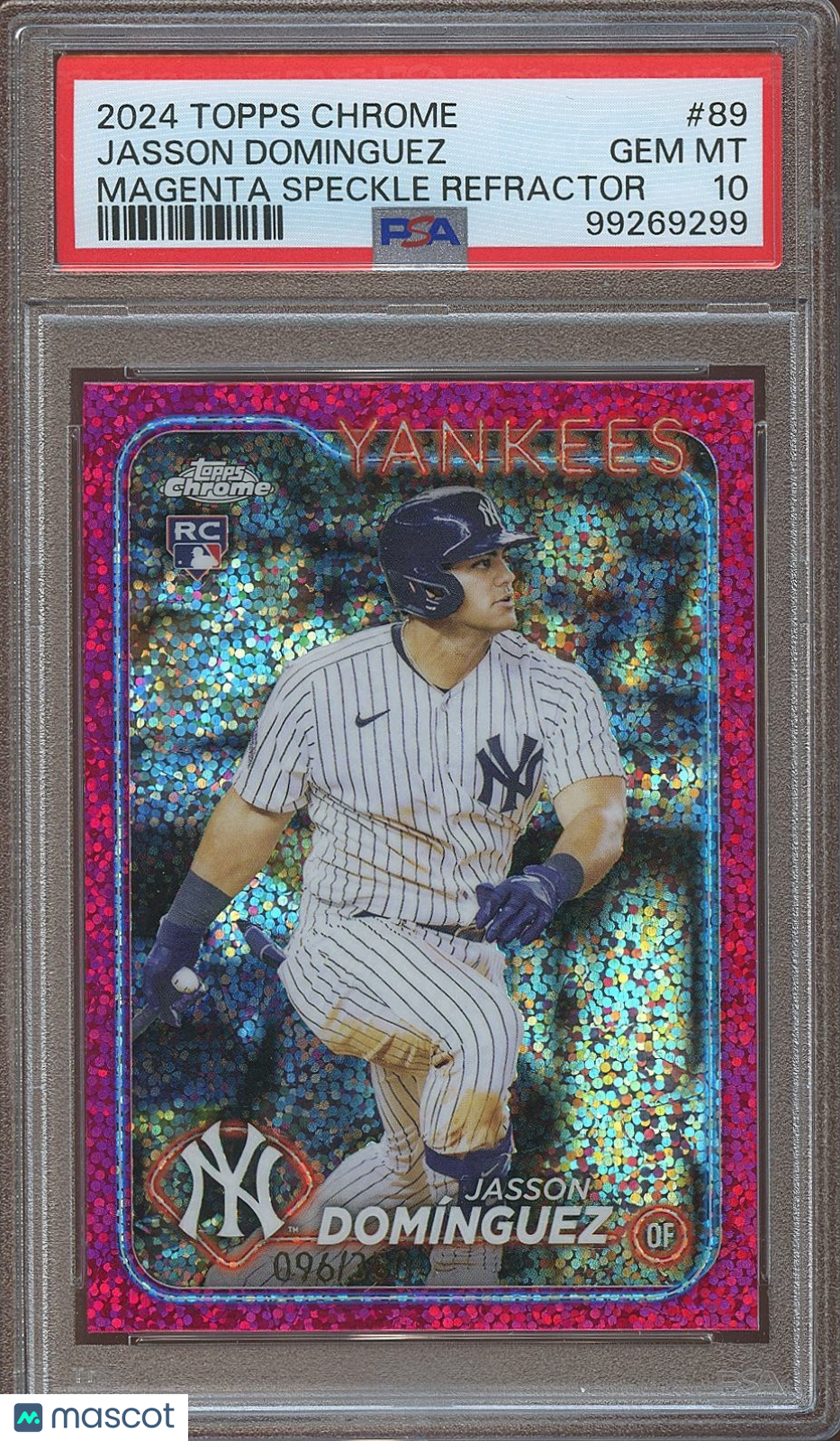 Jasson Dominguez 2024 Topps Chrome Magenta Speckle Rookie Yankees 96/350 PSA 10