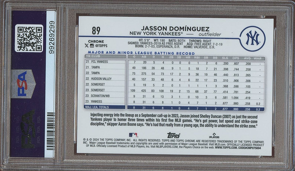 Jasson Dominguez 2024 Topps Chrome Magenta Speckle Rookie Yankees 96/350 PSA 10