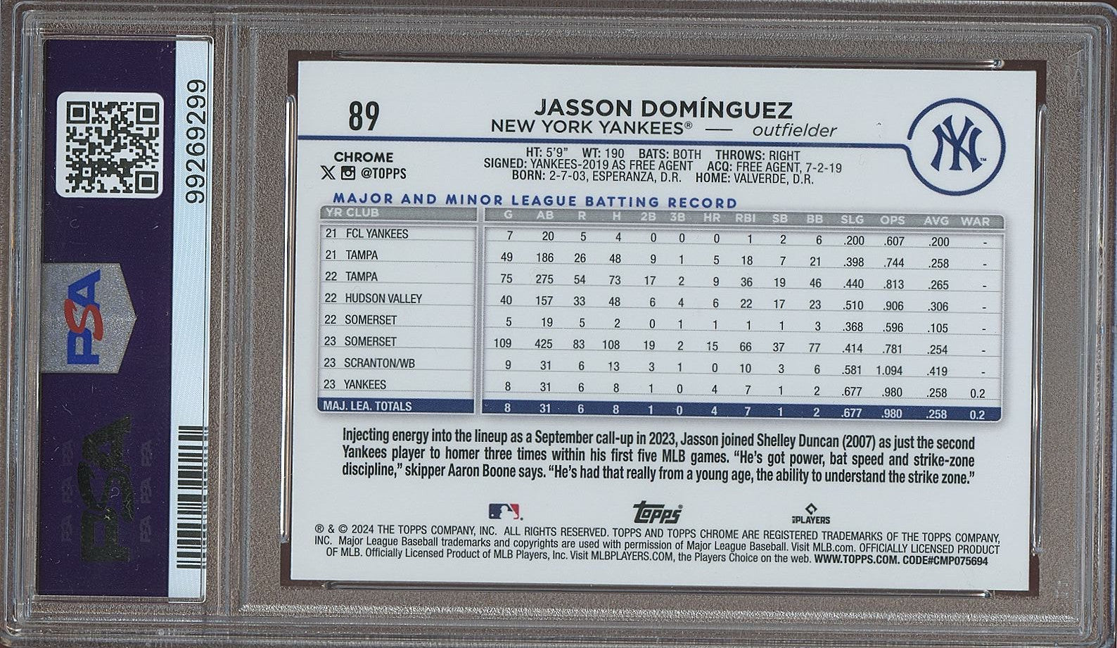 Jasson Dominguez 2024 Topps Chrome Magenta Speckle Rookie Yankees 96/350 PSA 10