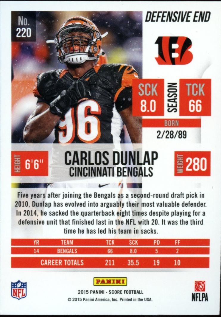 Carlos Dunlap 2015 Score Red Zone SSP Cincinnati Bengals 15/20