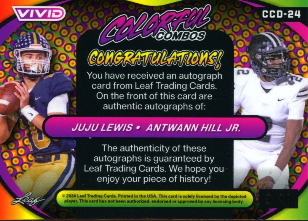 Juju Lewis / Antwann Hill Jr. 2024 Leaf Vivid Auto Autograph JERSEY NUMBER 2/10