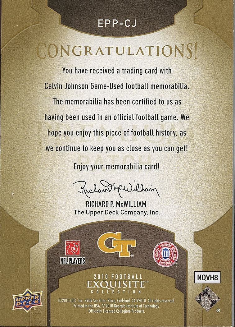 Calvin Johnson 2010 Upper Deck Exquisite Game Worn Patch Detroit Lions 20/35