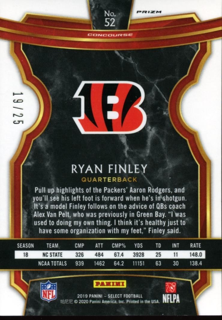 Ryan Finley 2019 Select Tie-Dye Prizm Rookie RC Cincinnati Bengals 19/25
