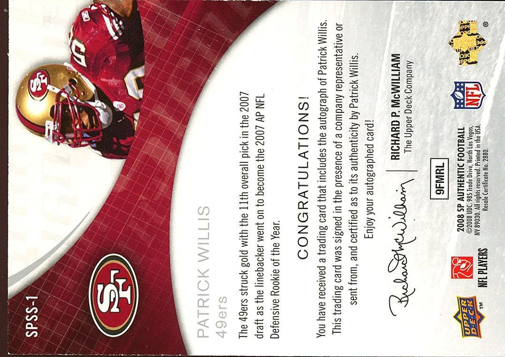 Patrick Willis 2008 SP Auto Autograph 2nd Year San Francisco 49ers