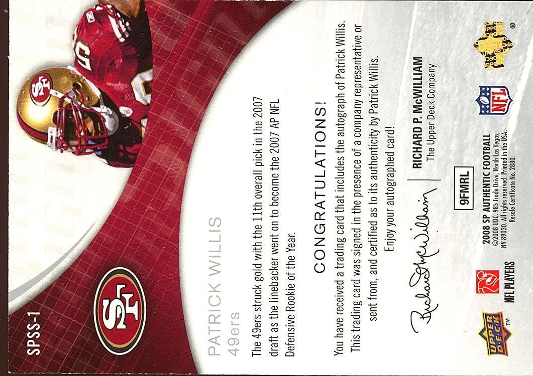 Patrick Willis 2008 SP Auto Autograph 2nd Year San Francisco 49ers