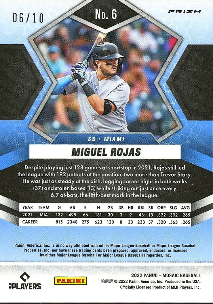 Miguel Rojas 2022 Mosaic GOLD Prizm SSP Miami Marlins 6/10 #6