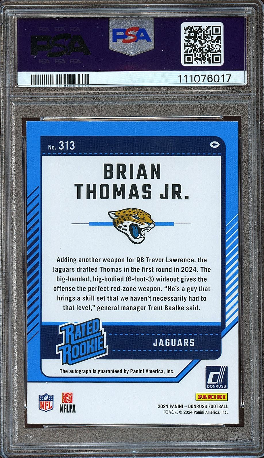 Brian Thomas Jr. 2024 Donruss Rated Rookie Auto Autograph Jaguars 72/199 PSA 9