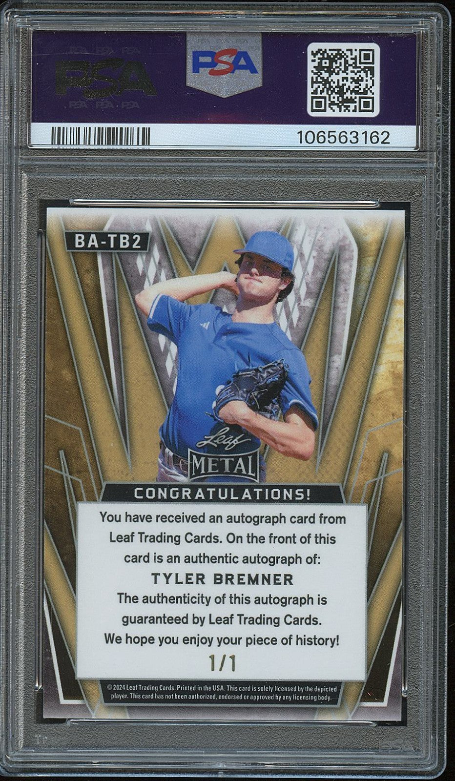 Tyler Bremner 2024 Leaf Metal Auto Autogaph RC Los Angeles Angels 1/1 PSA 10