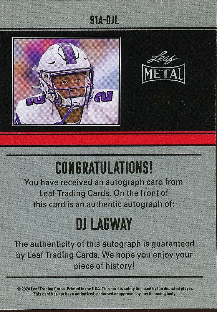 DJ Lagway 2024 Leaf Metal Auto Autograph JERSEY NUMBER RC Florida Gators 2/2