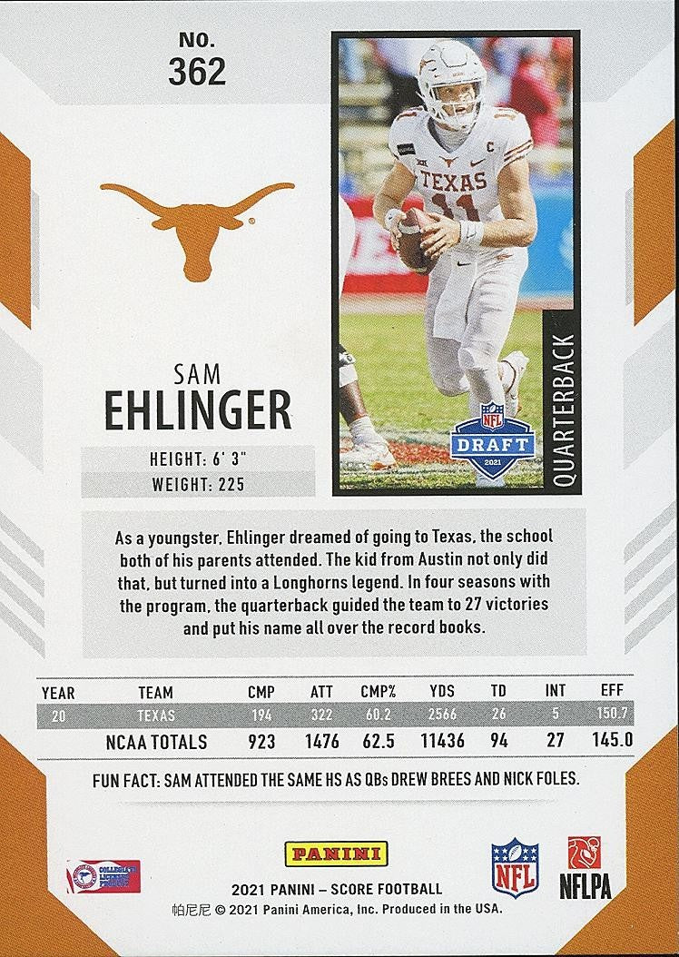 Sam Ehlinger 2021 Score Red Zone SSP Rookie RC Texas Longhorns 1/20 #362
