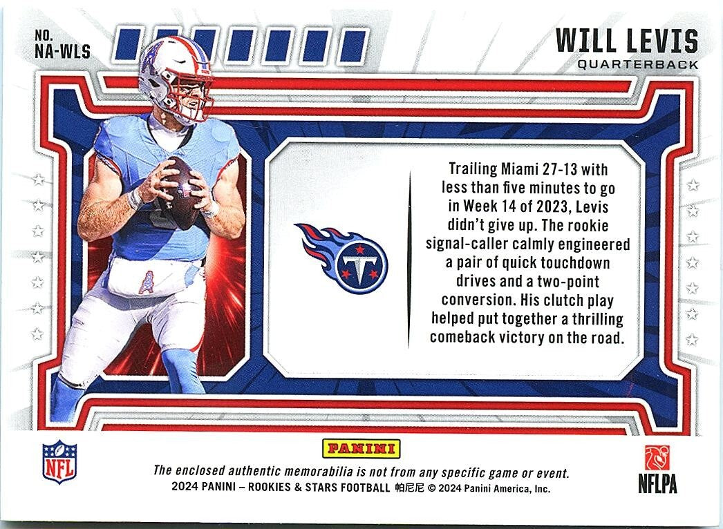 Will Levis 2024 Rookies & Stars Laundry Tag Patch Tennessee Titans 16/25