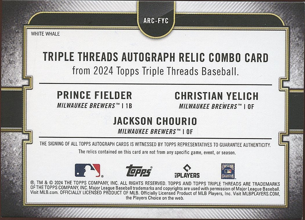 Jackson Chourio Fielder Yelich 2024 Triple Threads Auto Autograph Brewers 14/36