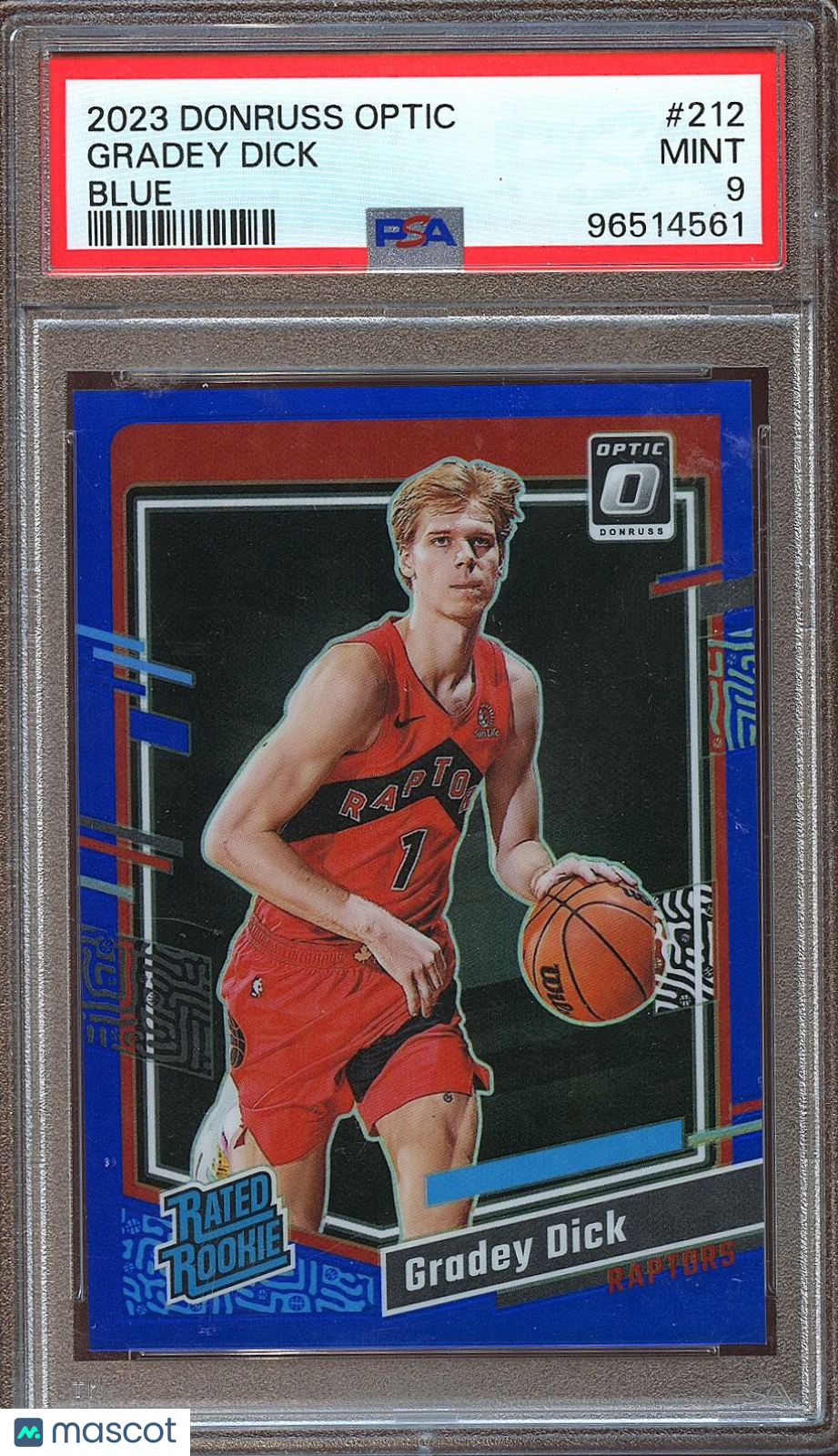 Gradey Dick 2023-24 Optic Rated Rookie Blue Prizm RC Totonto Raptors PSA 9 45/49