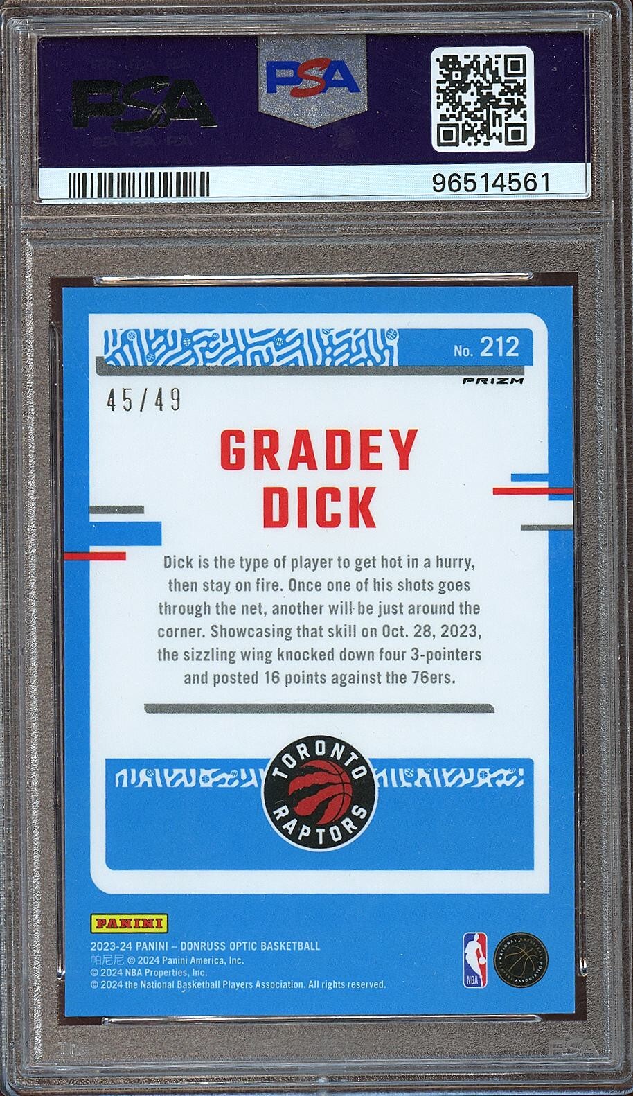 Gradey Dick 2023-24 Optic Rated Rookie Blue Prizm RC Totonto Raptors PSA 9 45/49