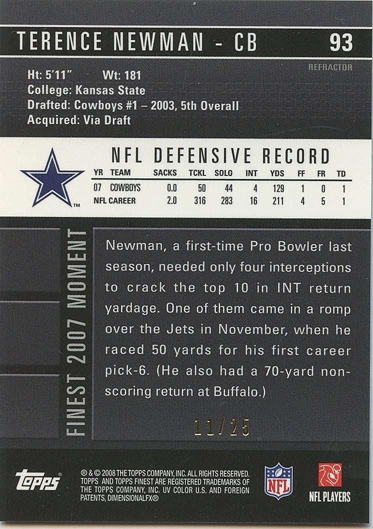 Terence Newman 2008 Topps Finest RED Refractor SSP Dallas Cowboys 11/25 #93