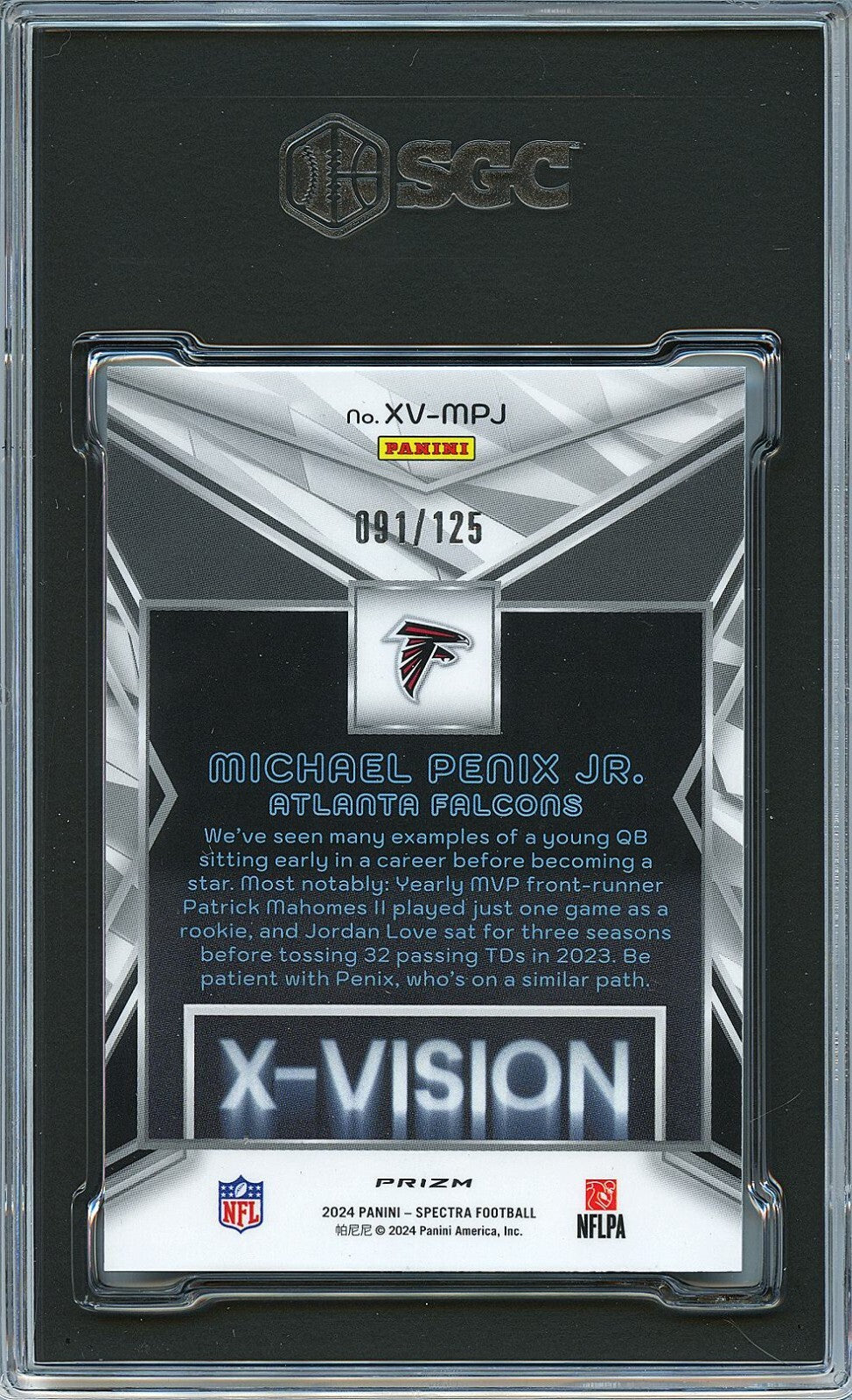 Michael Penix Jr. 2024 Spectra X-Vision Prizm RC Rookie Falcons 91/125 SGC 10