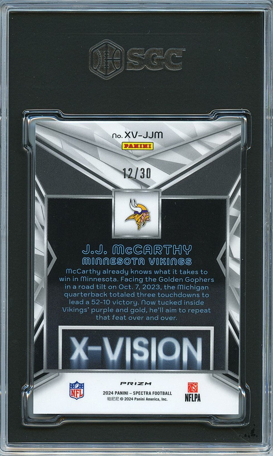 J.J. Mccarthy 2024 Spectra X-Vision Meta Prizm RC Rookie Vikings 12/30 SGC 9.5