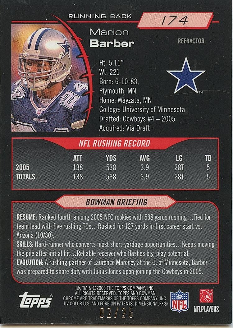 Marion Barber 2006 Bowman Chrome Orange Refractor SSP Dallas Cowboys 2/25 #174