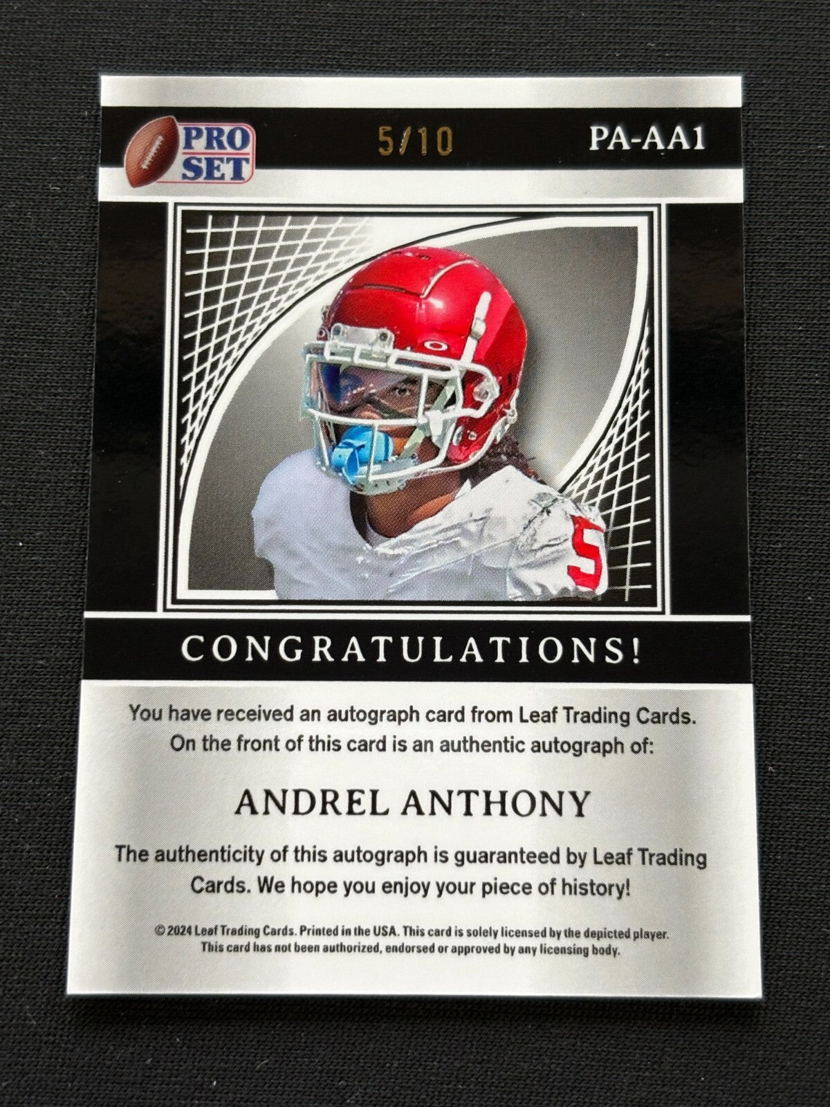 Andrel Anthony 2024 Leaf Auto Autograph JERSEY NUMBER RC Sooners Michigan 5/10