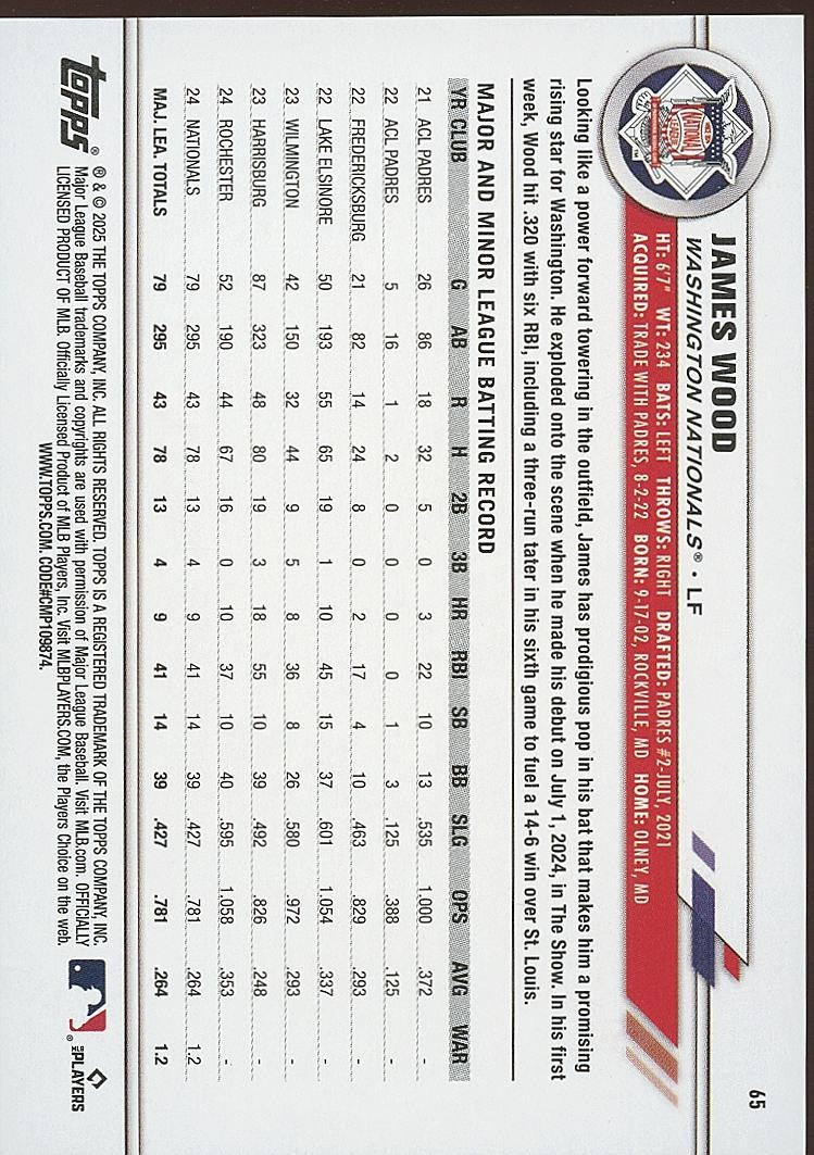 James Wood 2025 Topps All Star Game Orange SSP Rookie RC Nationals 6/25
