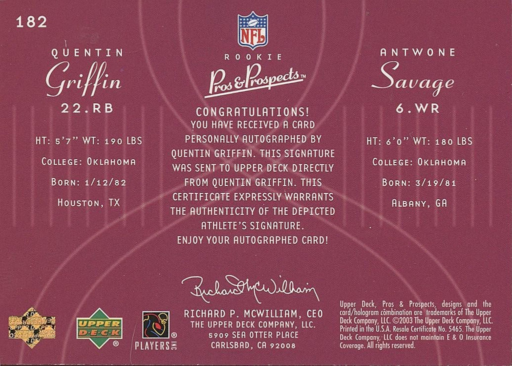 Quentin Griffin 2003 Upper Deck GOLD Auto Autograph RC Oklahoma Sooners 21/50