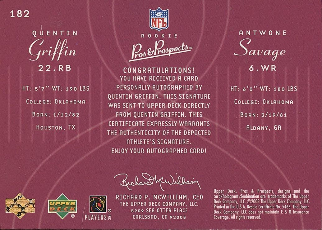 Quentin Griffin 2003 Upper Deck GOLD Auto Autograph RC Oklahoma Sooners 21/50