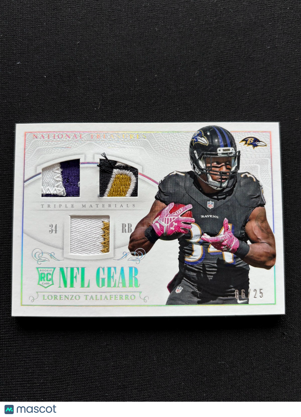 Lorenzo Taliaferro 2014 National Treasures Game Worn Logo Patch RC Ravens 6/25