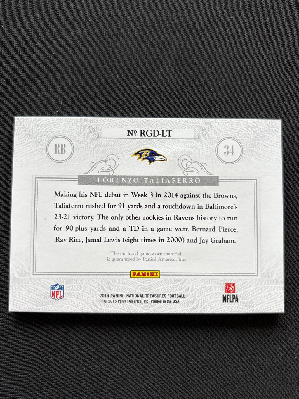 Lorenzo Taliaferro 2014 National Treasures Game Worn Logo Patch RC Ravens 6/25