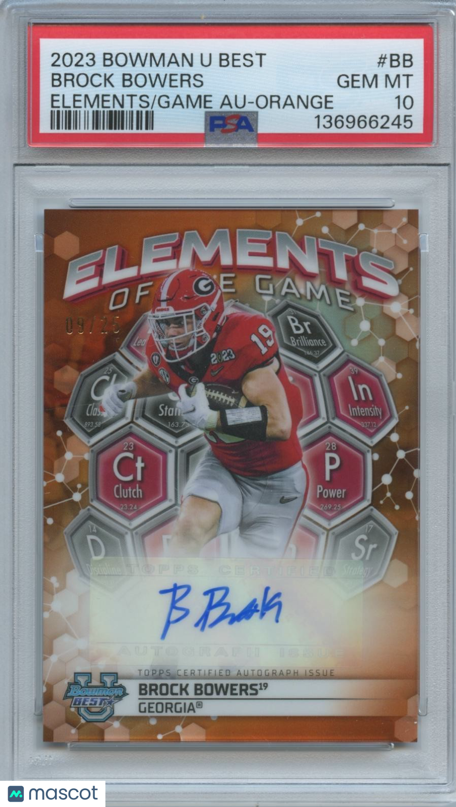 Brock Bowers 2023 Bowman Best Orange Auto Autograph RC Georgia 9/25 PSA 10