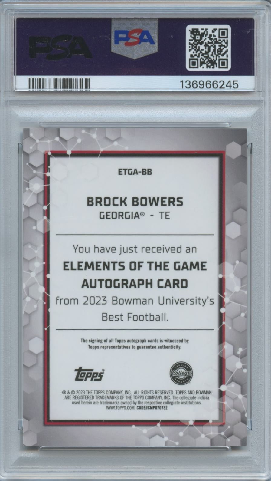 Brock Bowers 2023 Bowman Best Orange Auto Autograph RC Georgia 9/25 PSA 10