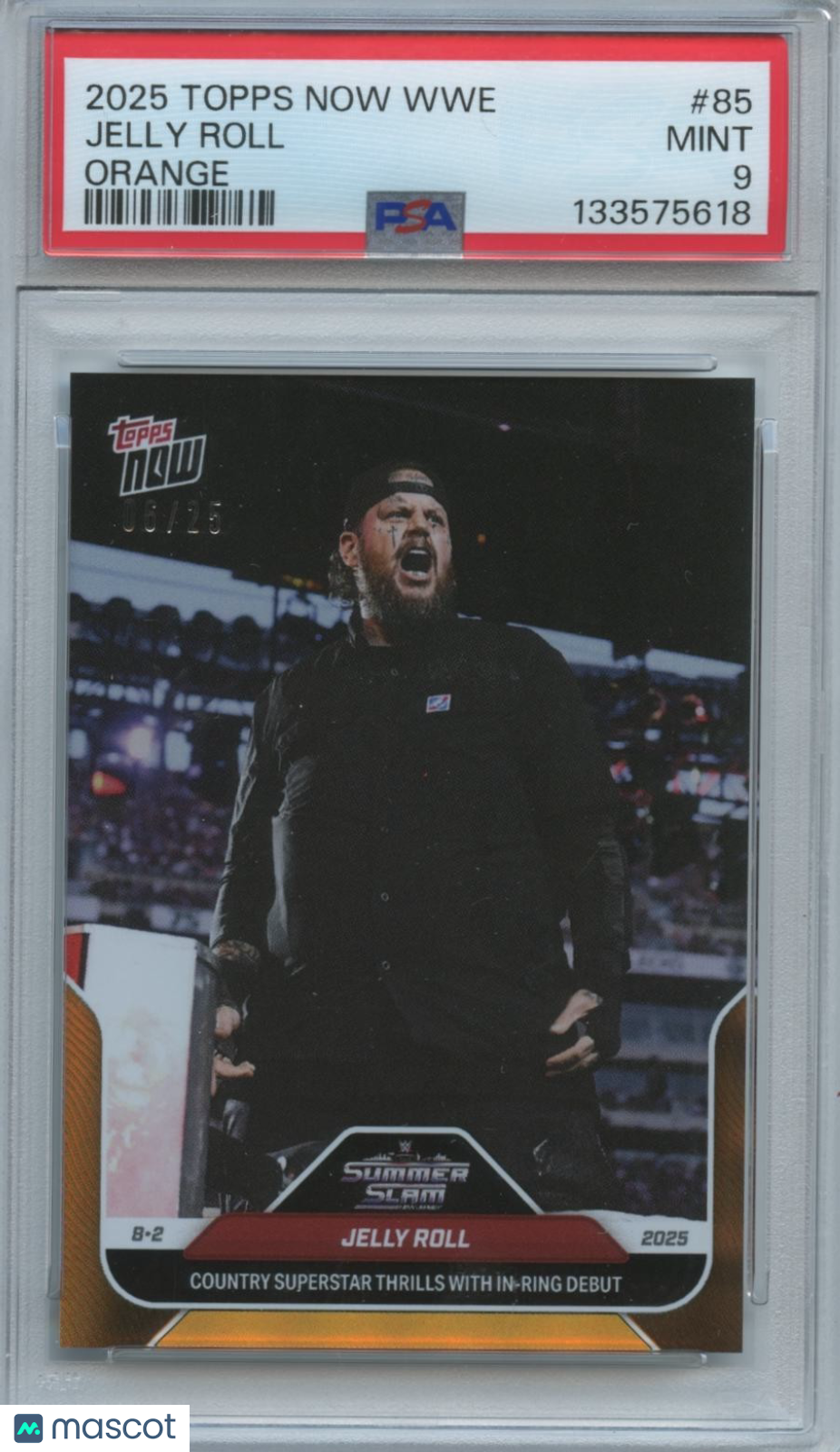 Jelly Roll 2025 Topps Now WWE Orange Rookie RC Ring Debut #85 PSA 9