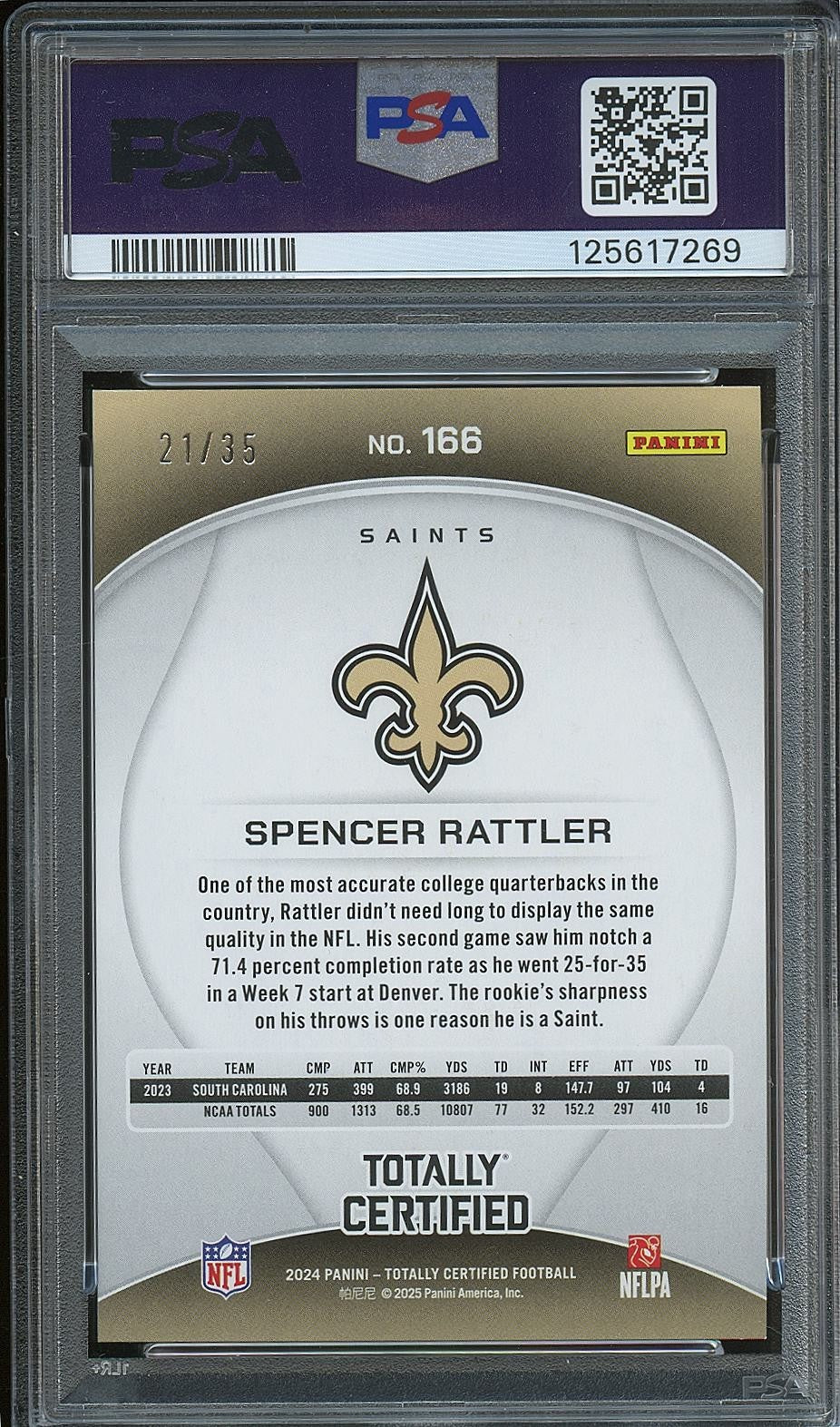 Spencer Rattler 2024 Totally Certified Camo Rookie RC 21/35 Saints PSA 10