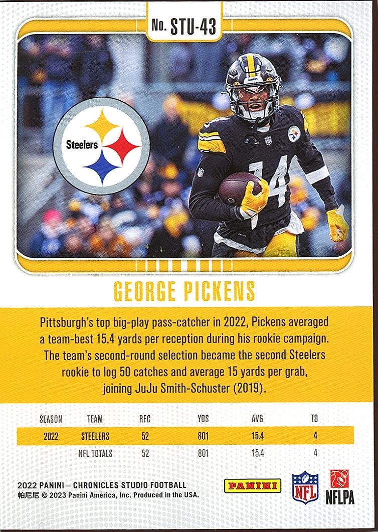 George Pickens 2022 Chronicles Studio Rookie RC Pittsburgh Steelers 46/49