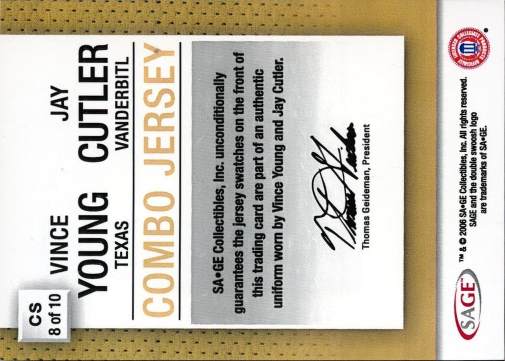 Vince Young / Jay Cutler 2006 SAGE GOLD Jersey Patch RC Texas Longhorns 3/25