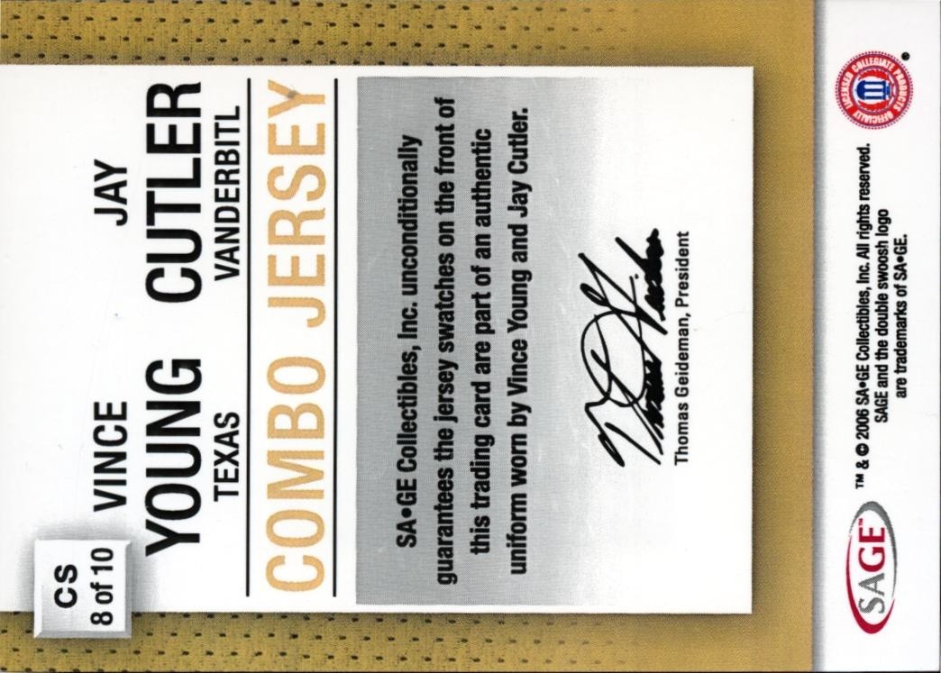 Vince Young / Jay Cutler 2006 SAGE GOLD Jersey Patch RC Texas Longhorns 3/25