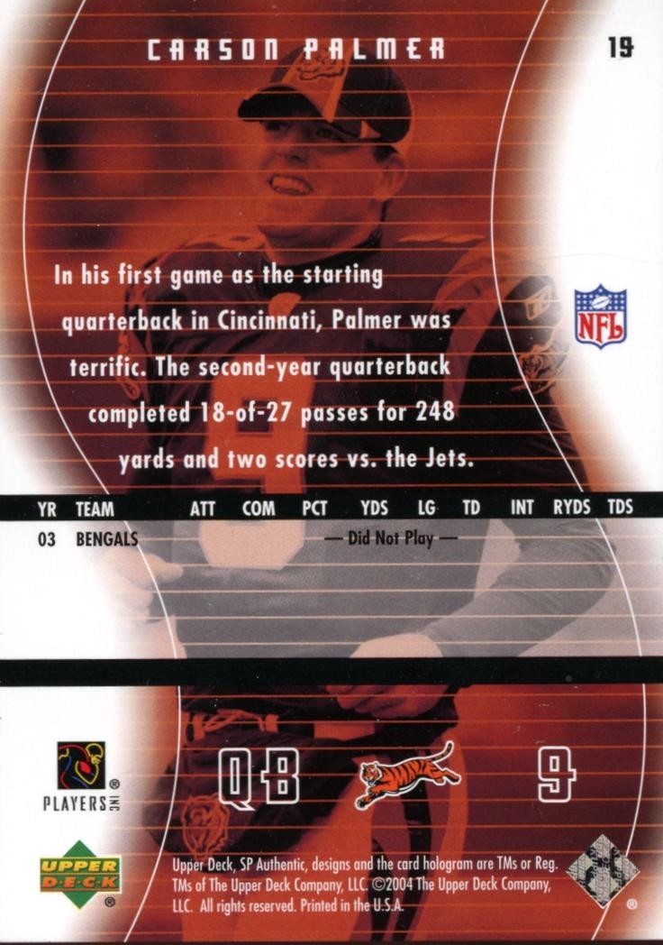 Carson Palmer 2004 SP Authentic BLACK JERSEY NUMBER Cincinnati Bengals 9/10