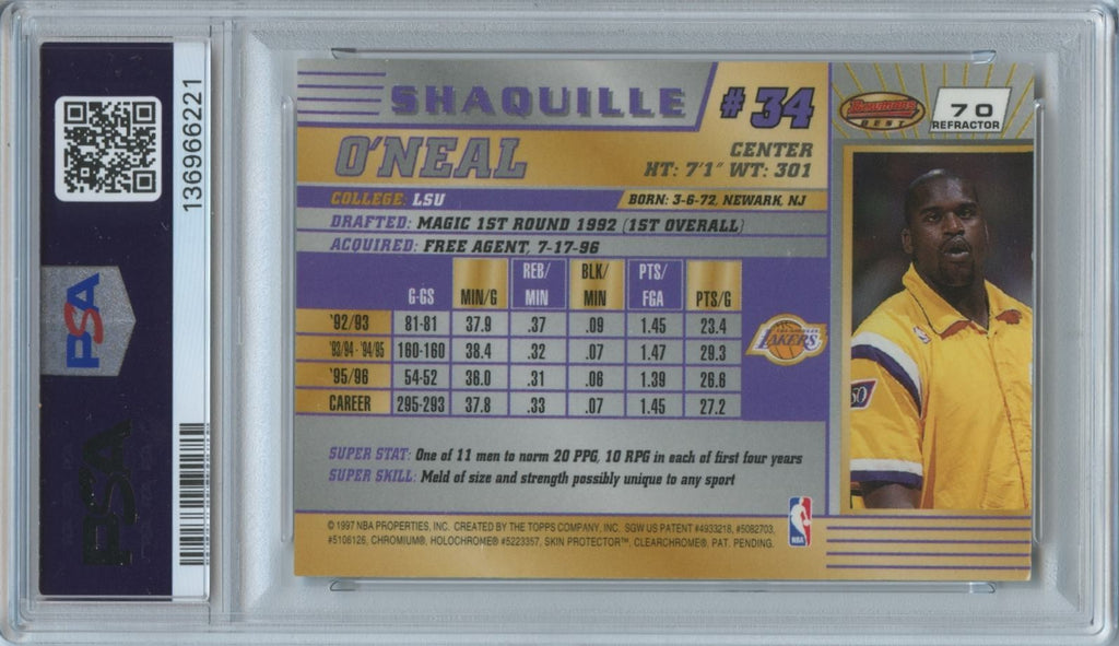 Shaquille O'Neal 1996 Bowman's Best Refractor Los Angeles Lakers #70 PSA 9