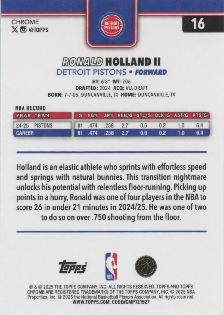 Ron Holland II 2025-26 Topps Chrome Red Wave Refractor SSP Detroit Pistons 1/5