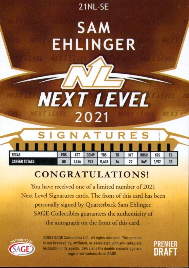 Sam Ehlinger 2021 SAGE HIT On Card Auto Autograph Rookie RC Texas Longhorns