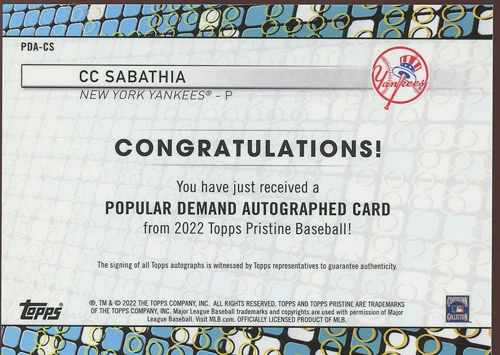 CC Sabathia 2022 Topps Pristine On Card Auto Autograph New York Yankees