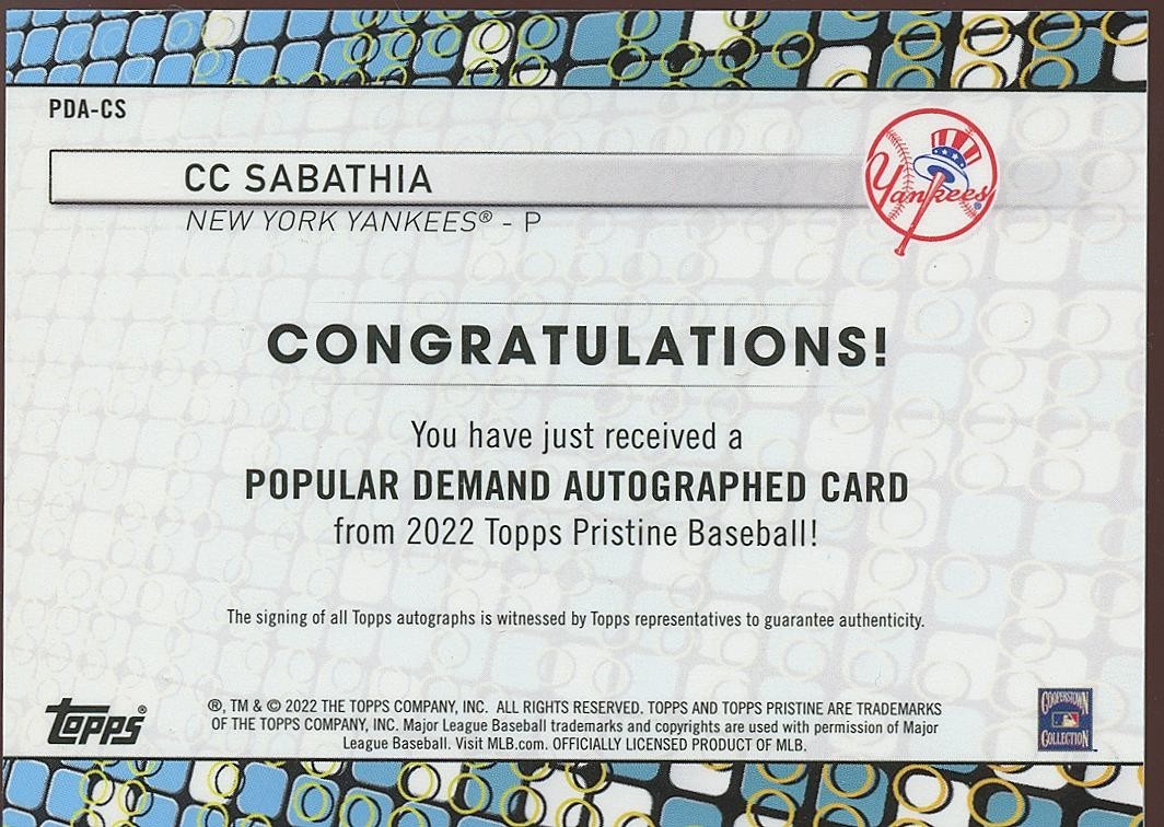 CC Sabathia 2022 Topps Pristine On Card Auto Autograph New York Yankees