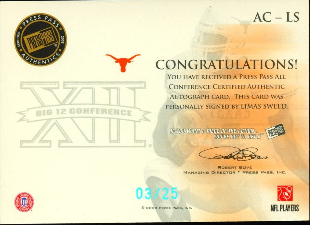 Limas Sweed 2008 Press Pass Platinum Auto Autograph RC Texas Longhorns 3/25