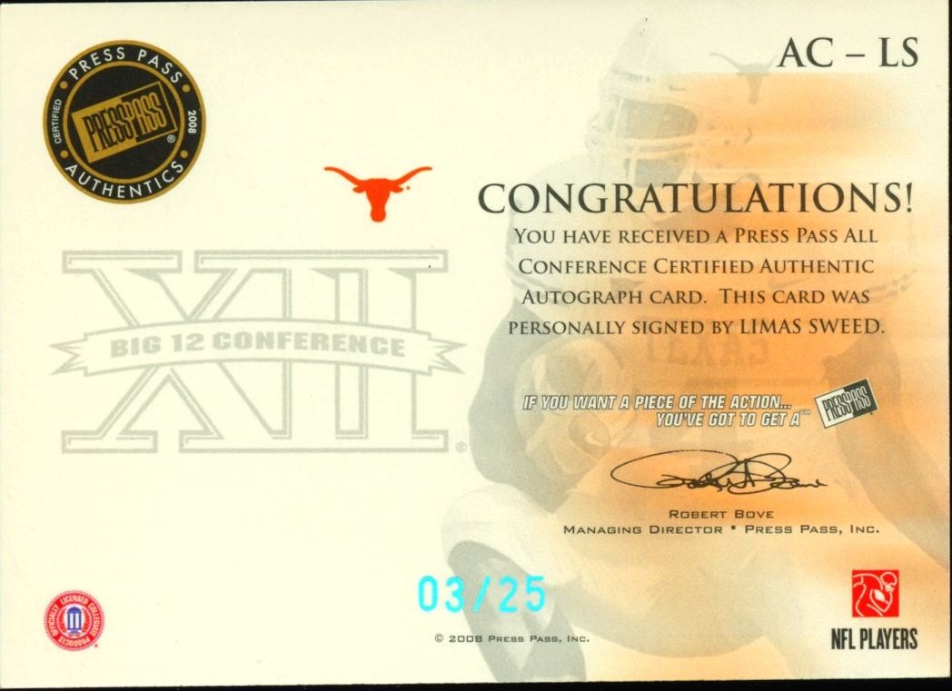 Limas Sweed 2008 Press Pass Platinum Auto Autograph RC Texas Longhorns 3/25