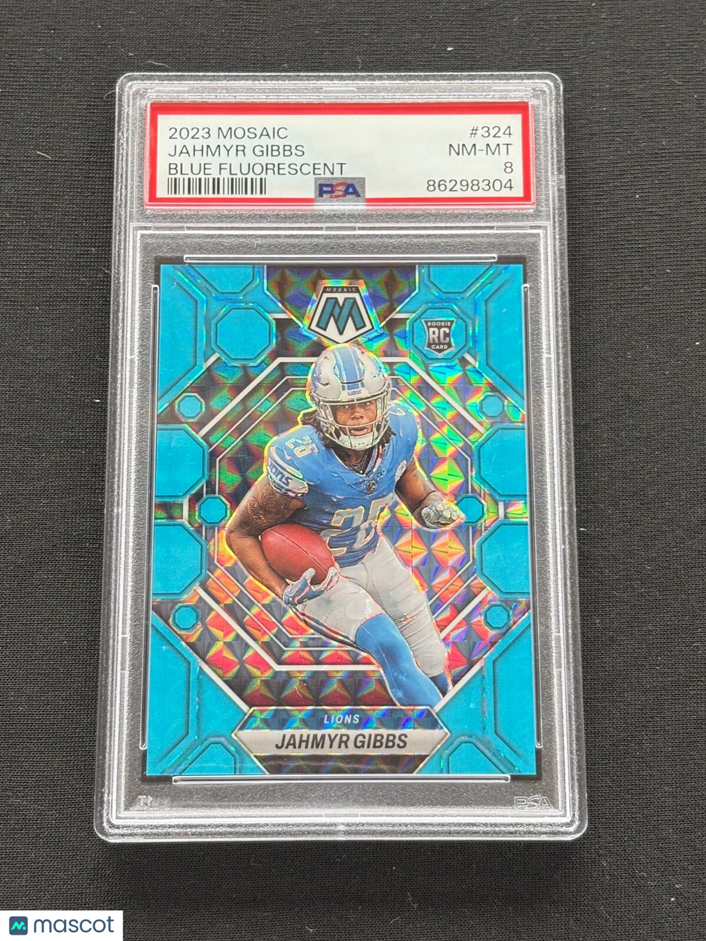 Jahmyr Gibbs 2023 Mosaic Blue Fluorescent SSP Rookie 13/15 Detroit Lions PSA 8