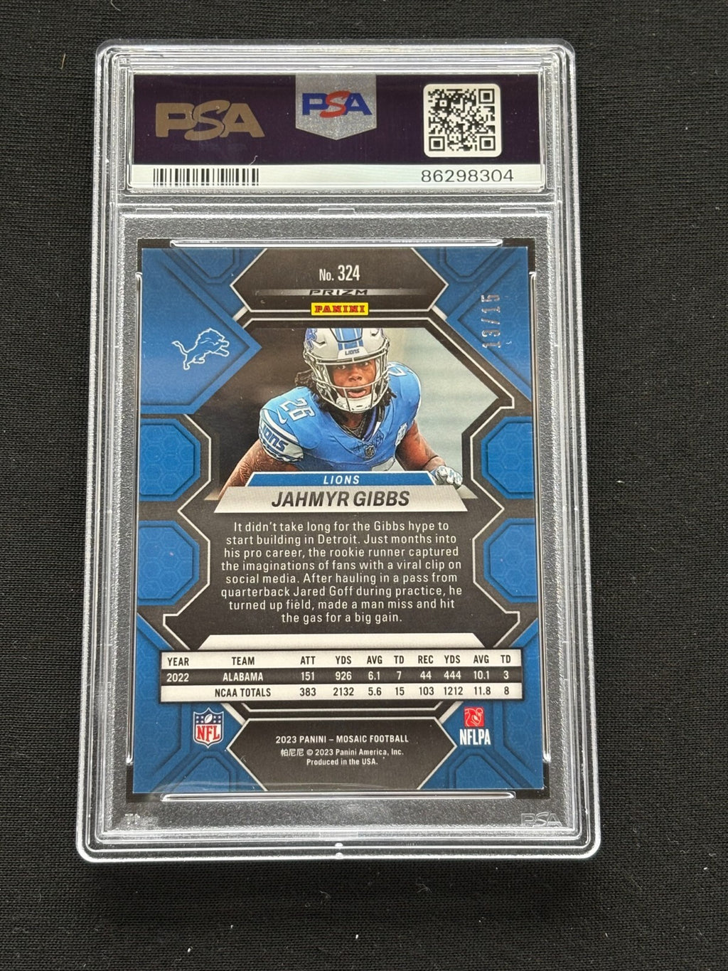 Jahmyr Gibbs 2023 Mosaic Blue Fluorescent SSP Rookie 13/15 Detroit Lions PSA 8