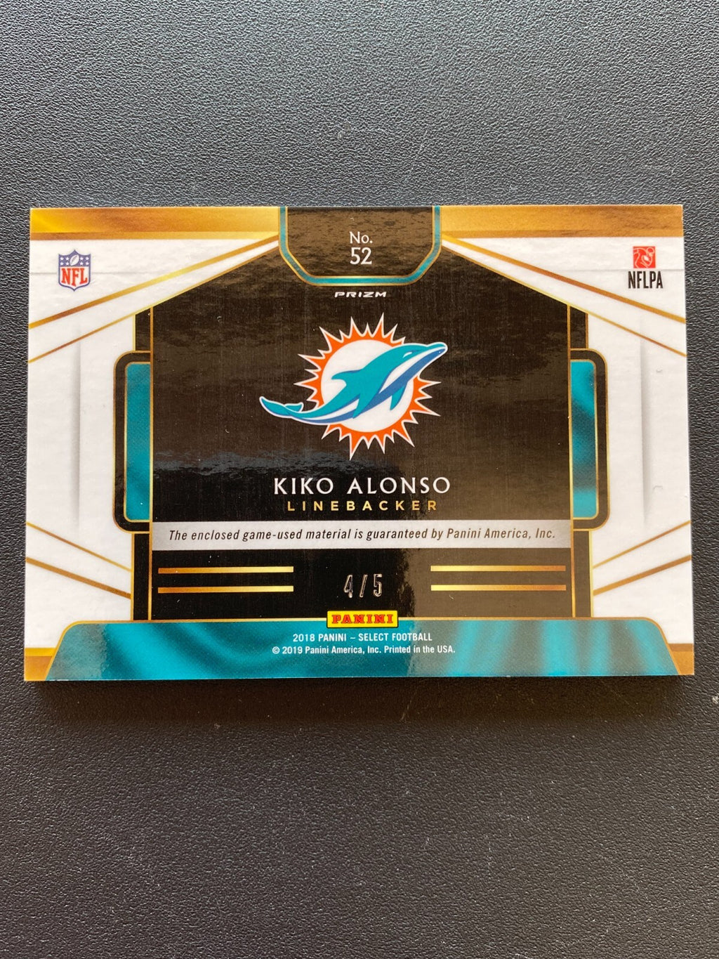 Kiko Alonso 2018 Select Emerald Game Worn Logo Patch Miami Dolphins 4/5