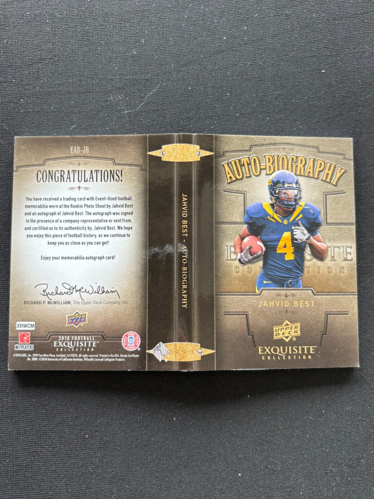 Jahvid Best 2010 UD Exquisite Auto-Biography Auto Autograph West Virginia 91/99