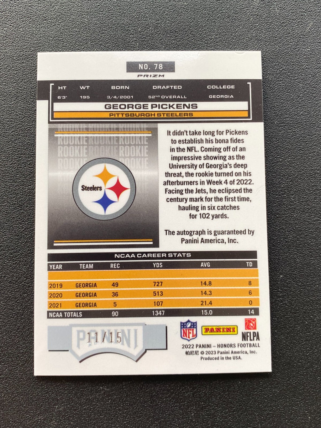 George Pickens 2022 Honors Auto Autograph RC Pittsburgh Steelers 11/15