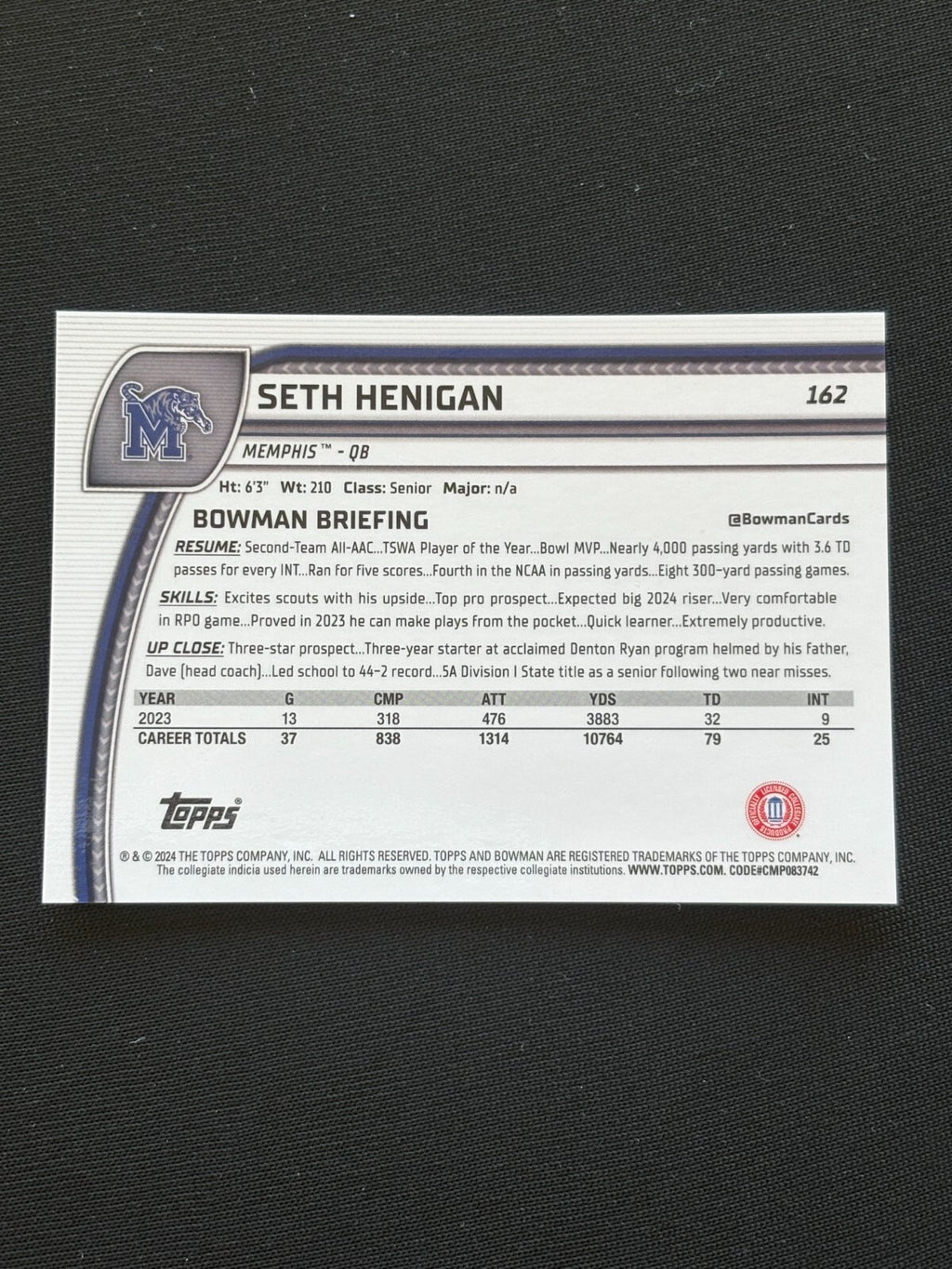 Seth Henigan 2024 Bowman Chrome 1st Orange Refractor RC Rookie Memphis 17/25