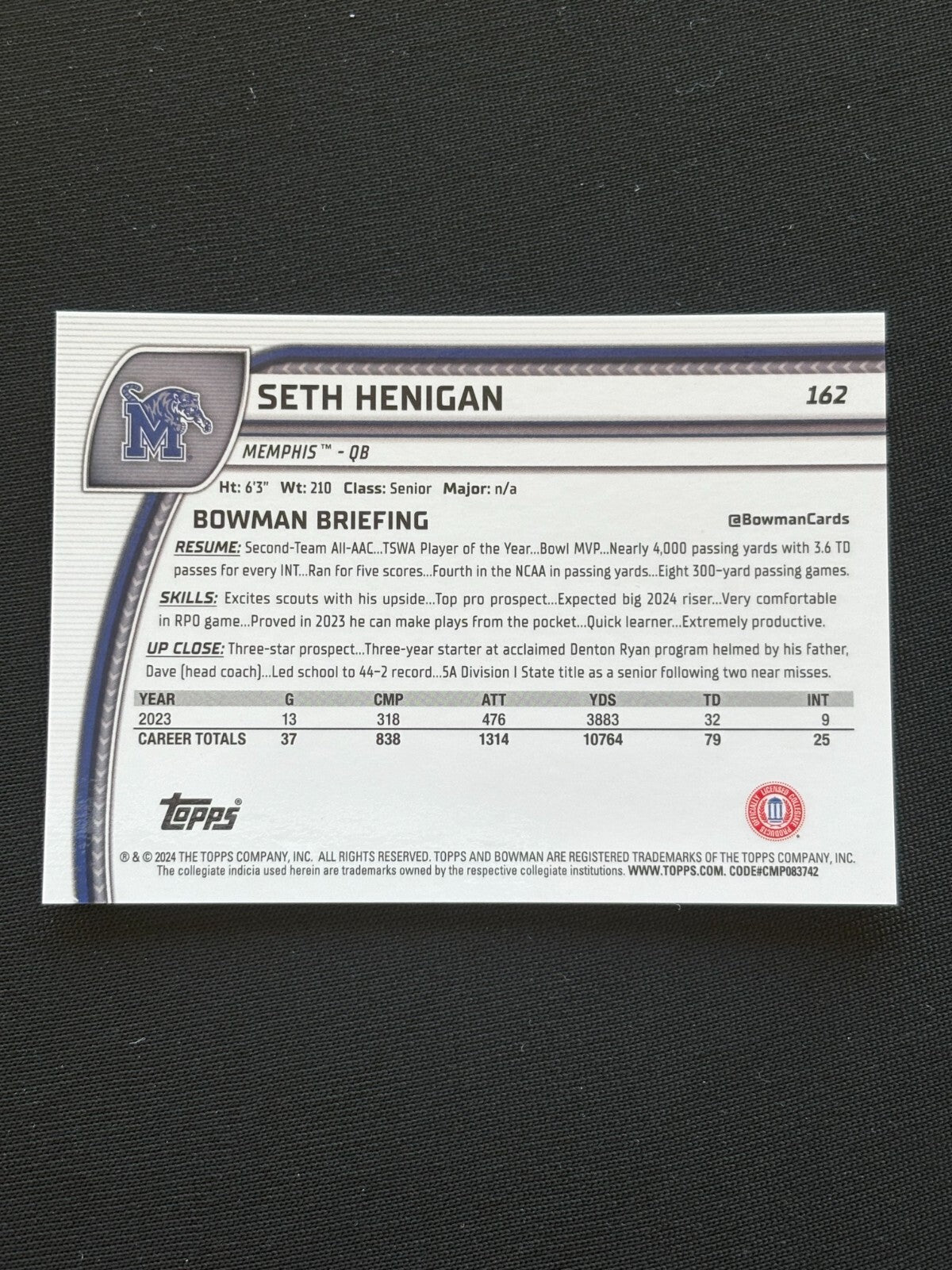 Seth Henigan 2024 Bowman Chrome 1st Orange Refractor RC Rookie Memphis 17/25
